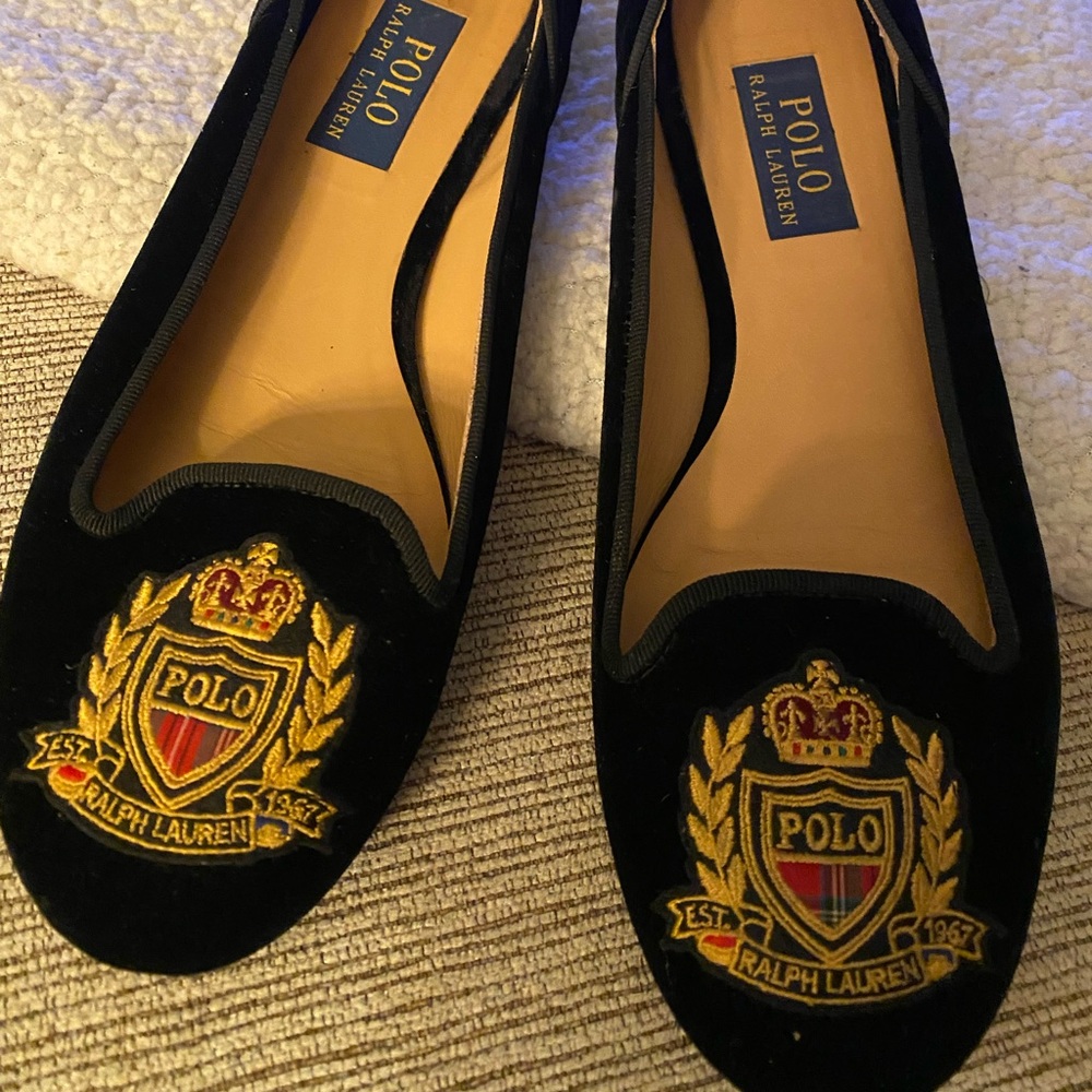 Polo by Ralph Lauren Black Velvet Crest Loafers with Gold Embroidery